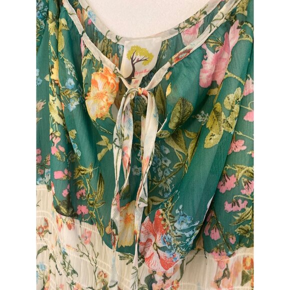 NWT Fig And Flower Green & Cream Floral Boho Tiered Midi Dress W/ Tie Neck Size - Picture 3 of 7